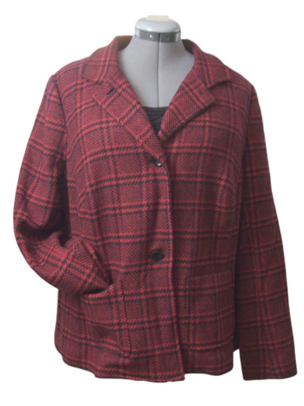 Talbots Woman 16W Red Black Houndstooth Wool Blend Convertible Collar Blazer - Picture 4 of 16